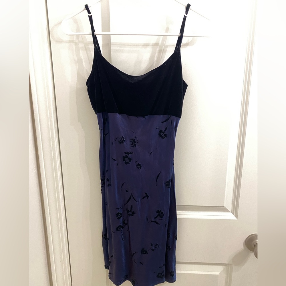 Vintage Black Velvet and Blue Silk Dress